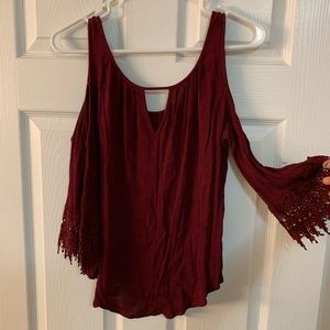 Cold shoulder burgundy crotchet sleeve top